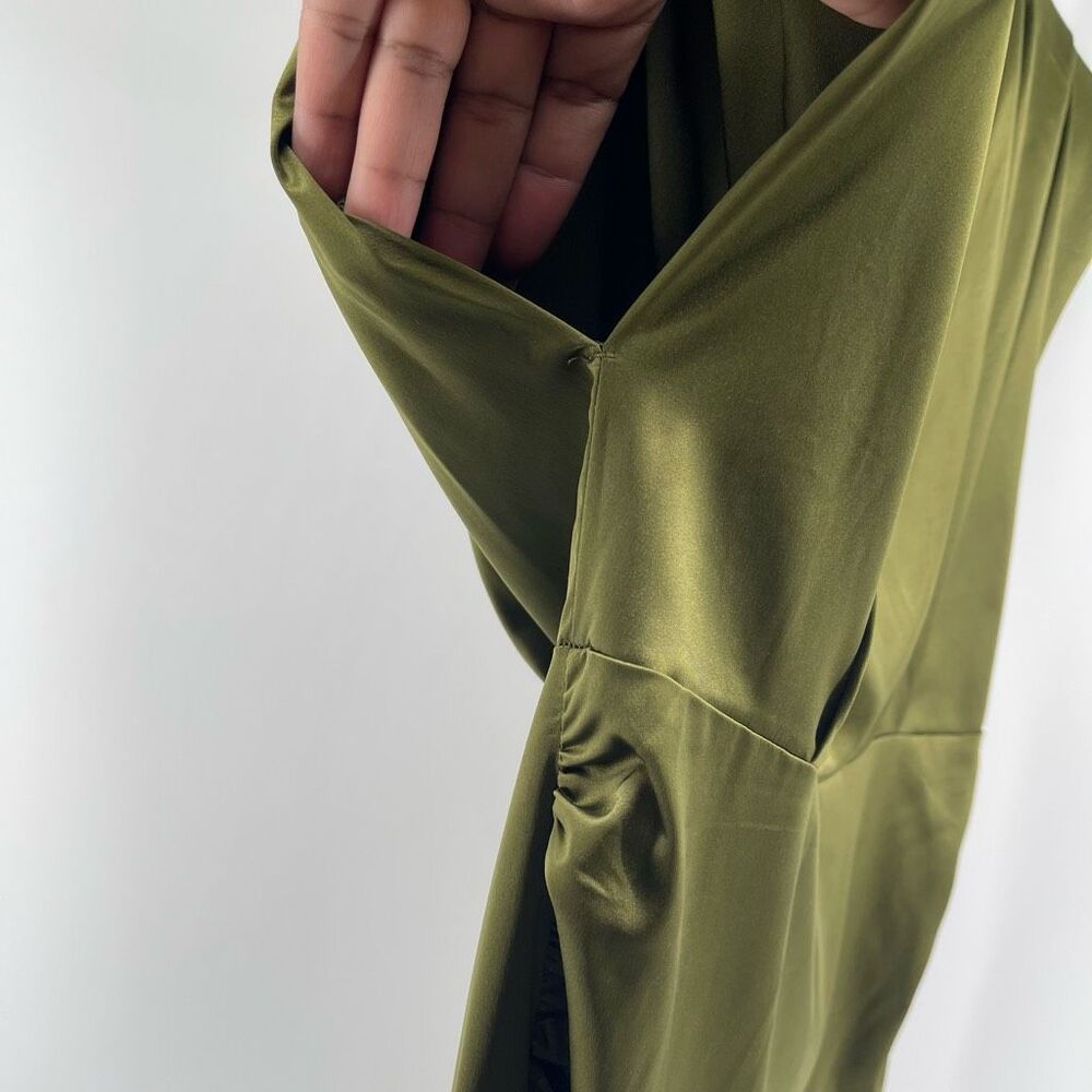 Olive Satin Draped Ruched Mini Dress XL Cowl Neck Cocktail Wedding Guest - Picture 6 of 15